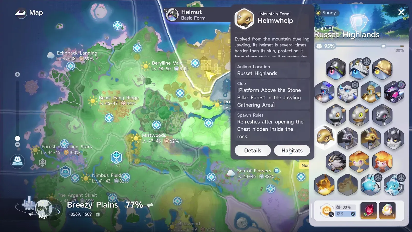 Mountain Form Helmwhelp on the Aniimo map, its clue reading Platform Above the Stone Pillar Forest in the Jawling Gathering Area
