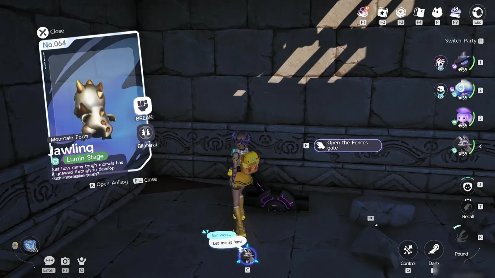 Aniimo catch card reading Mountain Form Jawling at Lumin Stage, with the Open the Fences gate prompt behind it in the ruins
