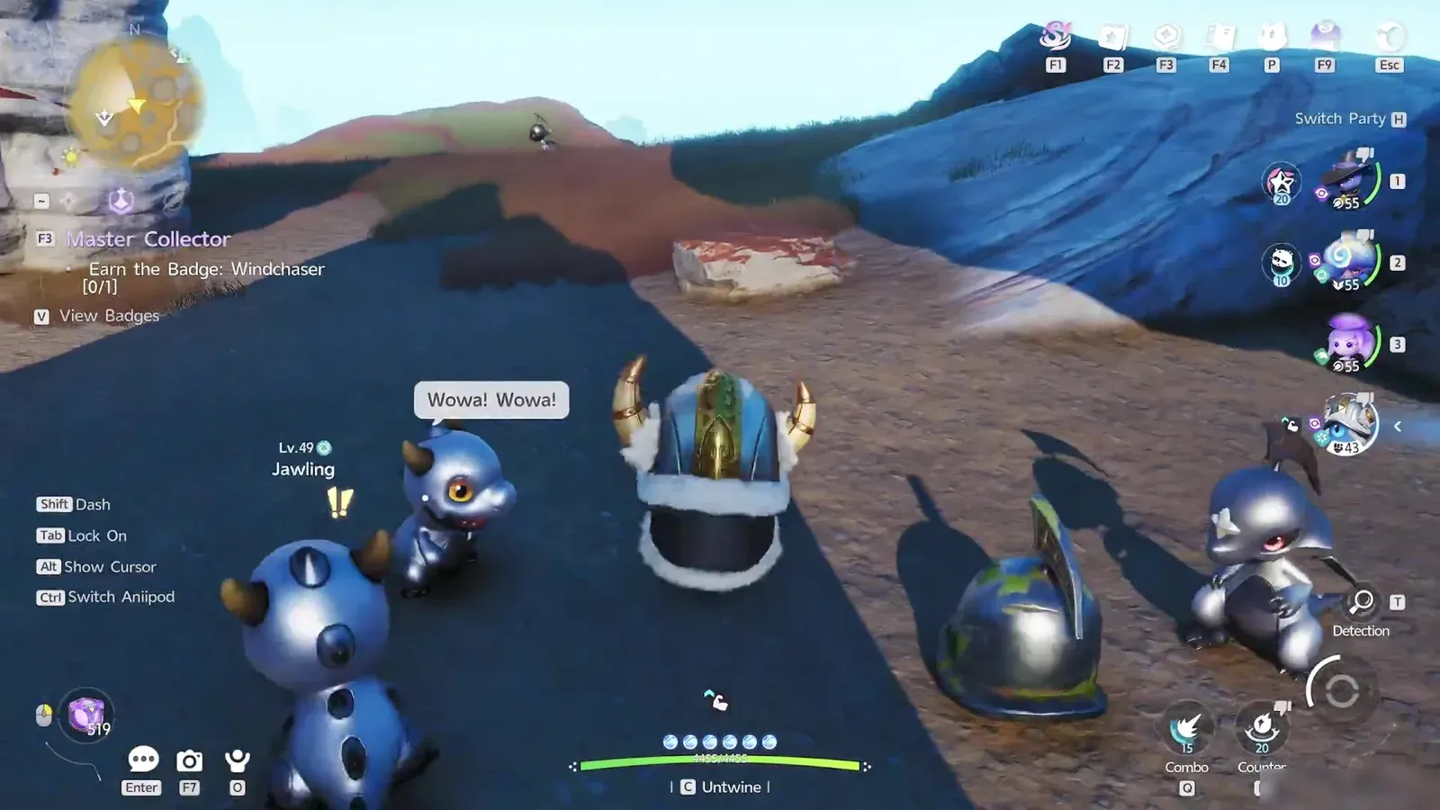 Mountain Form Jawling at Lv.49 in the Russet Highlands grass in Aniimo, surrounded by Helmuts and other Jawlings after the unlock
