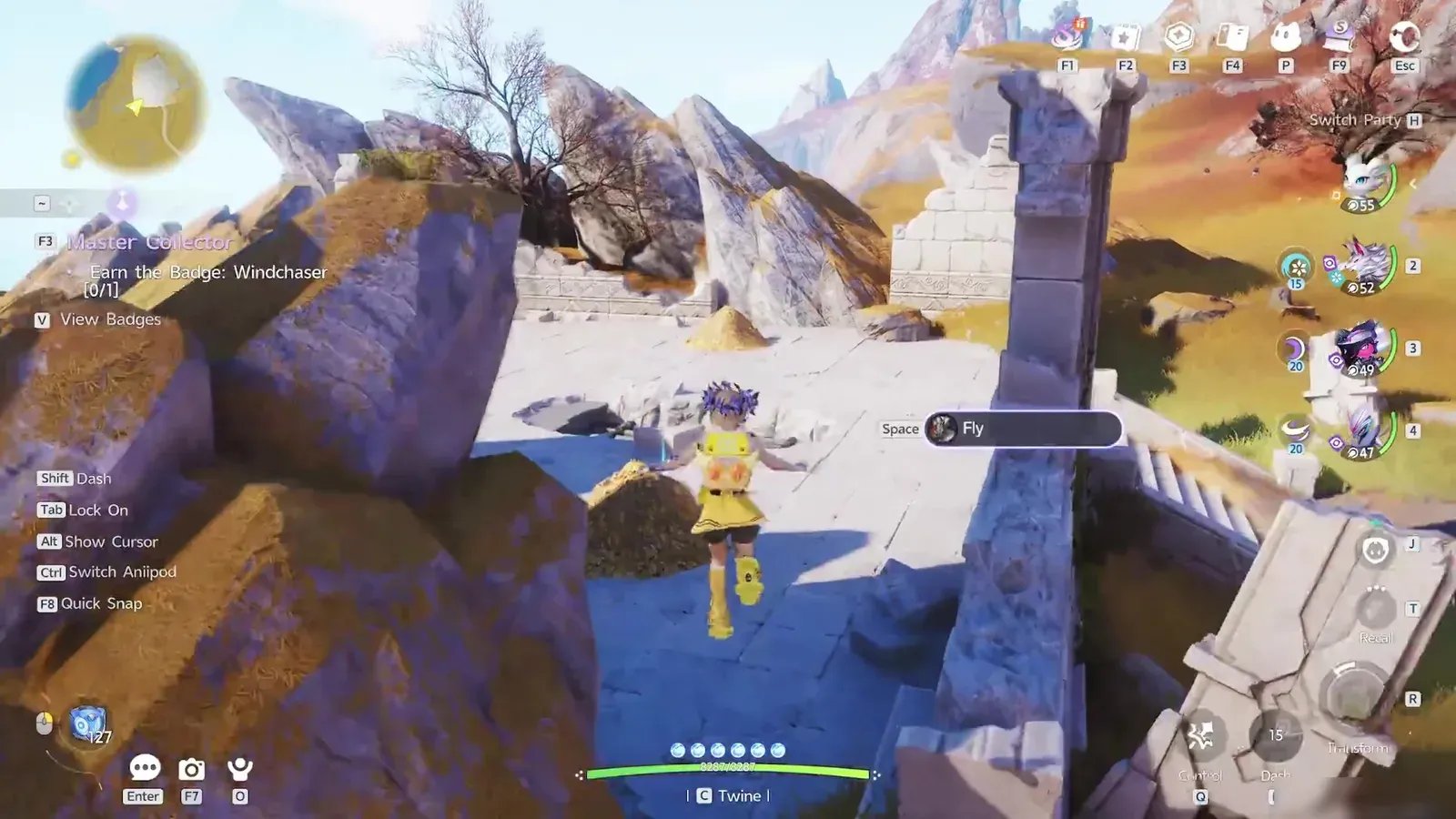 The Aniimo ruins on the northern cliff in Russet Highlands, with piles of dry leaves on the flagstones and the Fly prompt showing