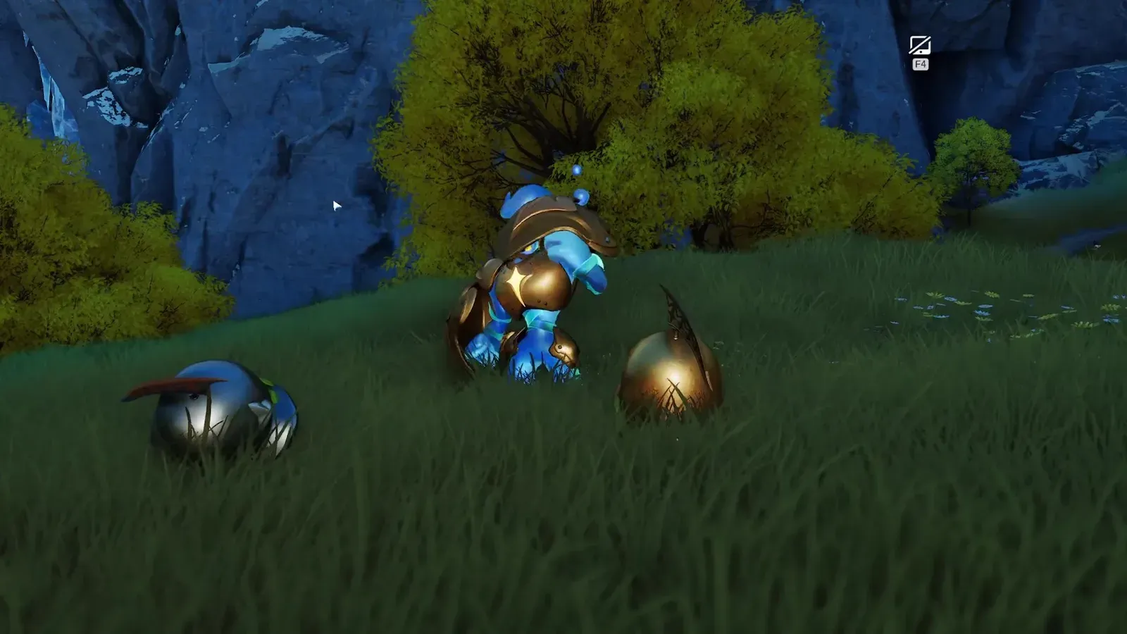 Mountain Woods Form Rookey in Aniimo, a bronze armoured giant in the grass at dusk between two Helmut helmets in Russet Highlands