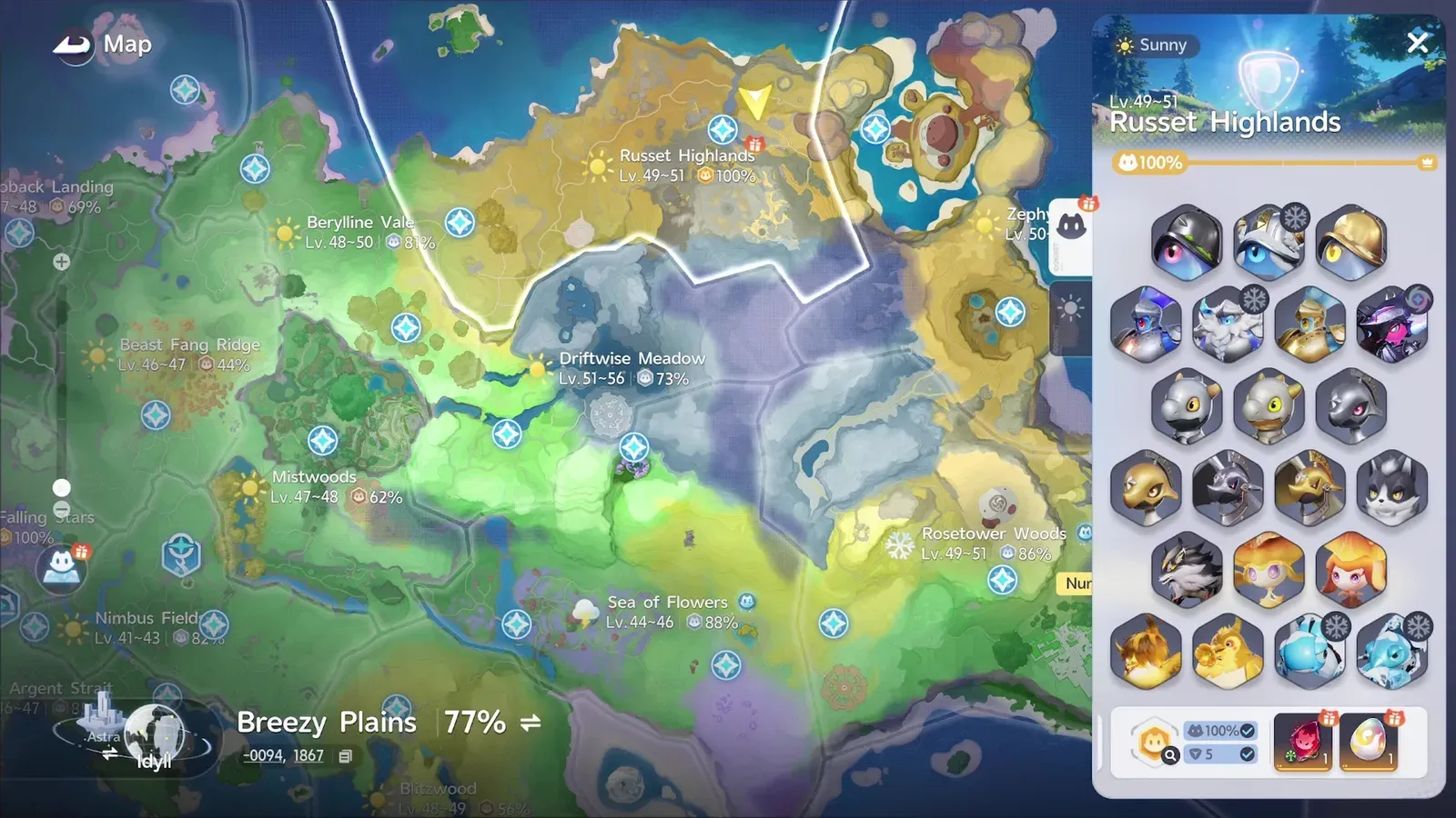 The Aniimo map with the Russet Highlands panel open at 100 per cent collection, the golden heads sitting in the region roster