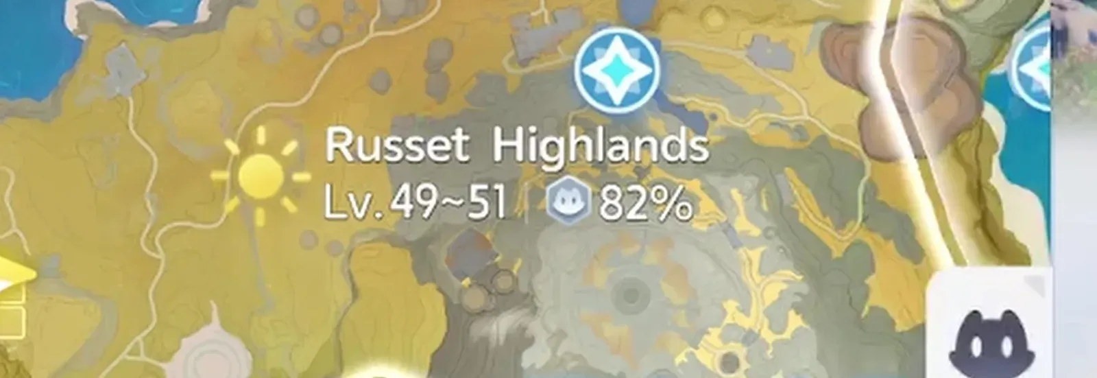 The Russet Highlands label on the Aniimo map, reading Lv.49 to 51 with 82 per cent Aniimo collection beside a sunny weather icon
