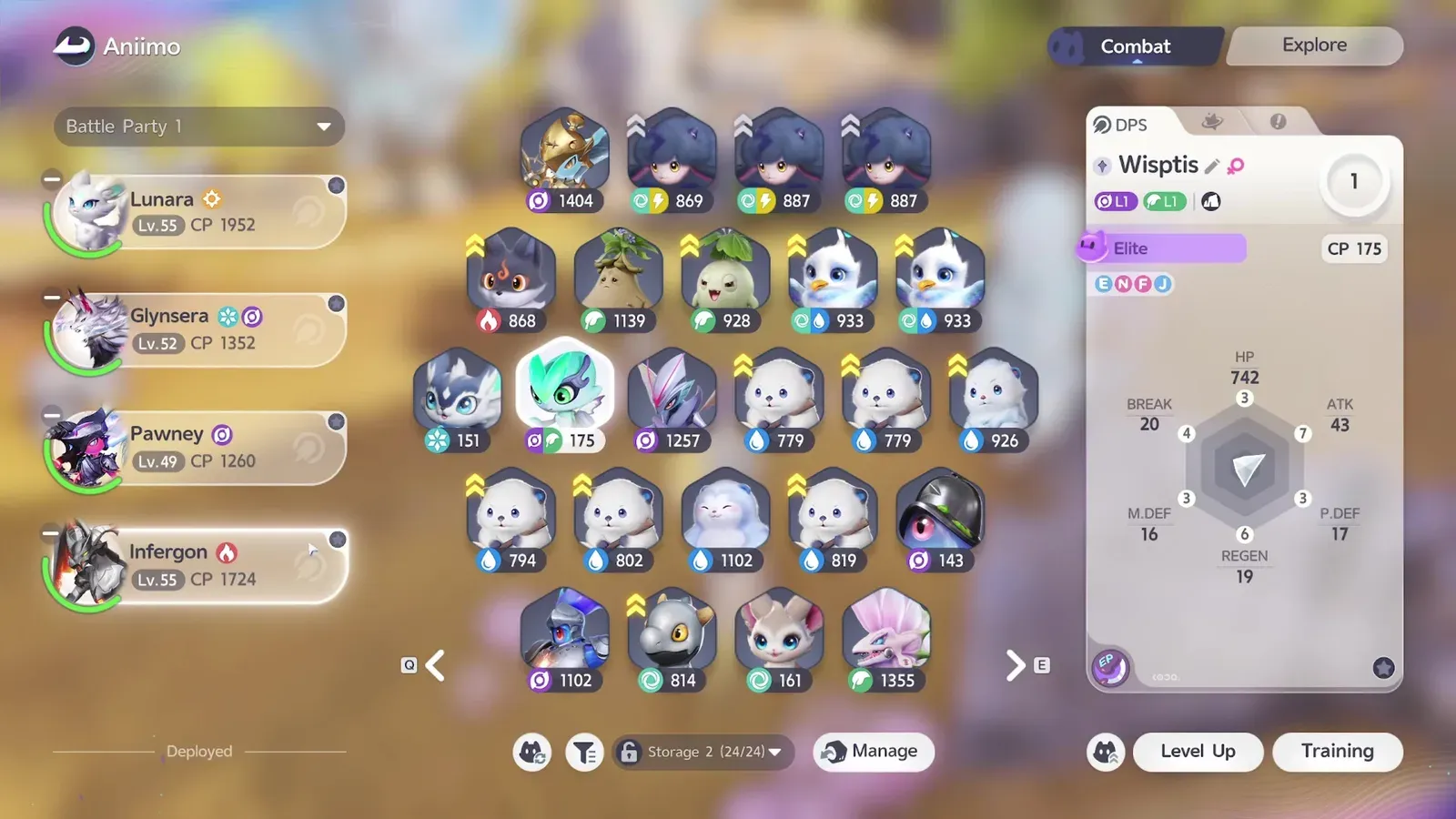 The Aniimo battle party screen with Wisptis selected at CP 175, showing its BREAK 20, ATK 43 and REGEN 19 stat wheel