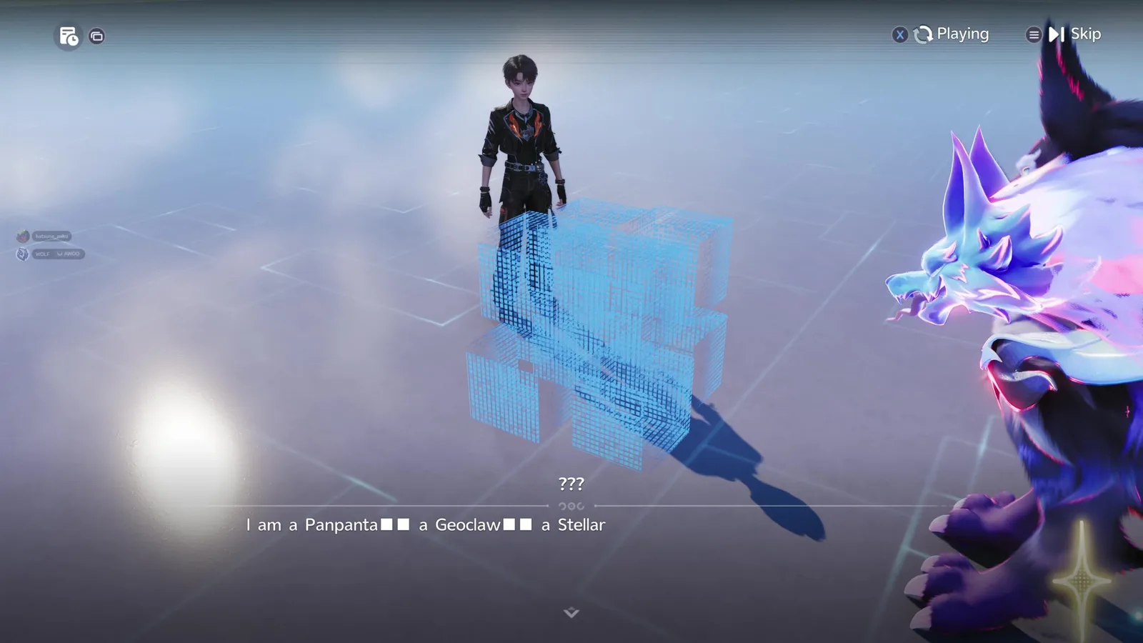 Aniimo Voxel Space: the block entity beside the Pathfinder says I am a Panpanta, a Geoclaw, a Stellar, with WOLF’s wolf Aniimo in the foreground