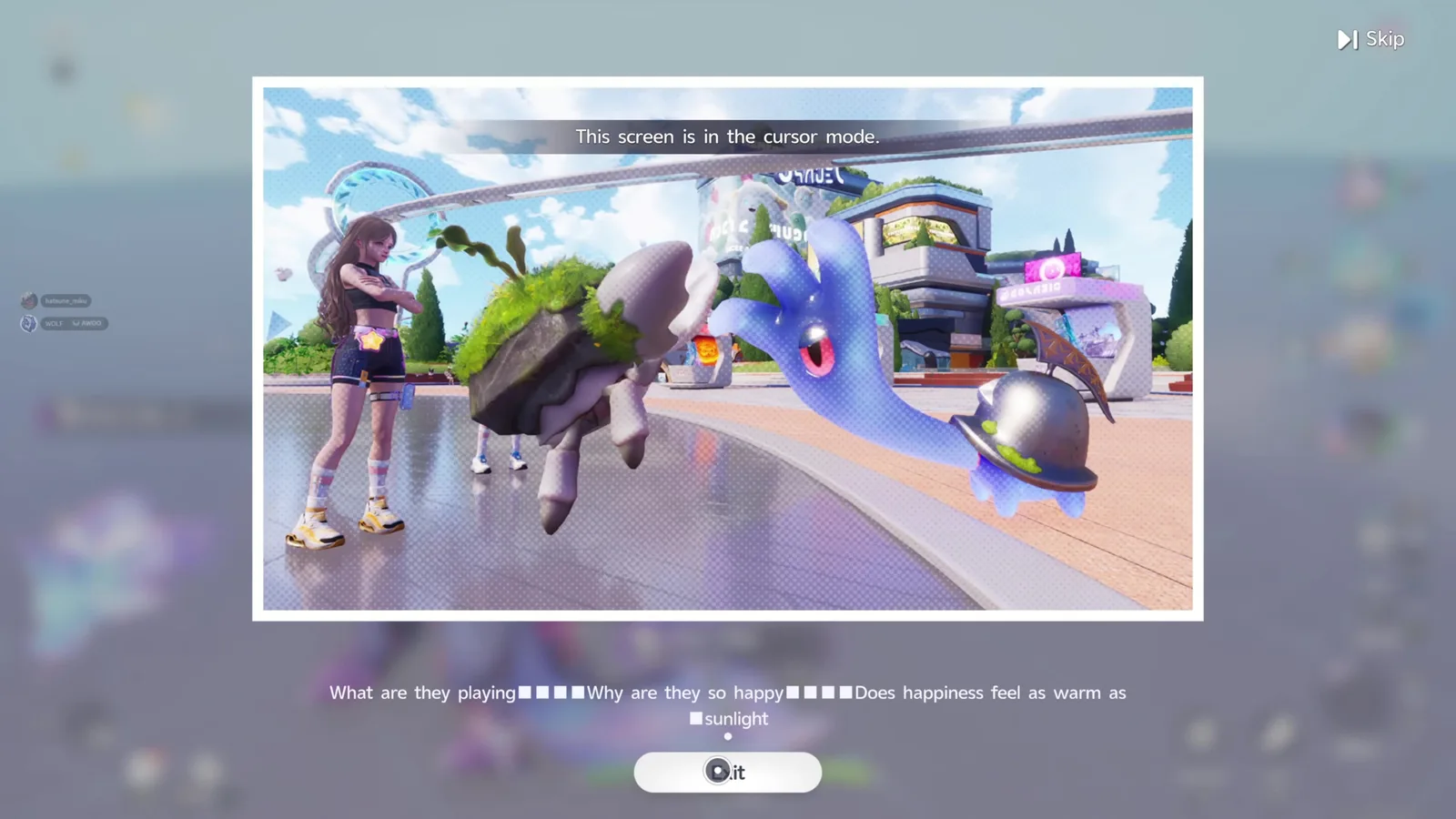 Aniimo memory screen in cursor mode: a woman in Astra with a mossy rock Aniimo and a blue Aniimo, captioned What are they playing, Why are they so happy