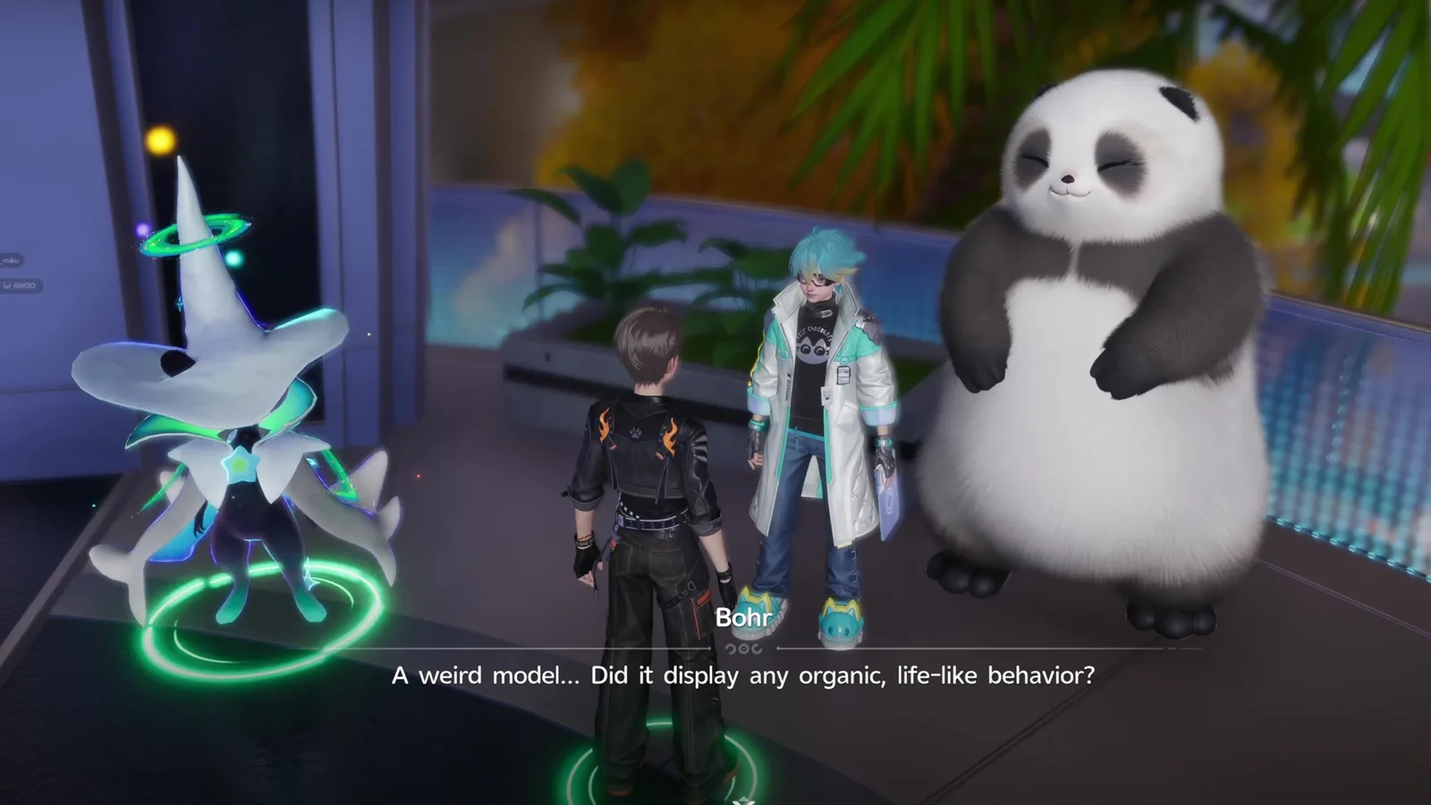 Aniimo Polaris Institute scene: Bohr in a white lab coat beside a giant panda asks A weird model... Did it display any organic, life-like behavior?
