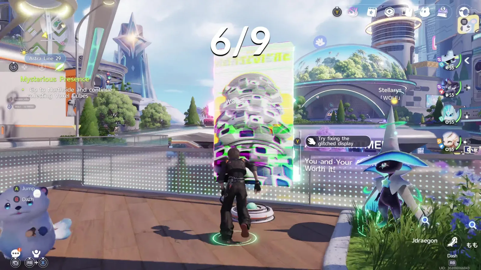 Aniimo glitched holographic display on a wooden deck on Chill Street with the prompt Try fixing the glitched display, next to an Anii Apartments advert