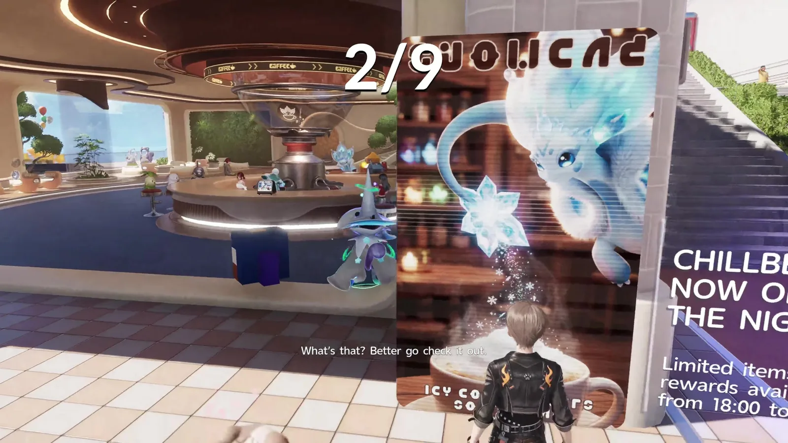 Aniimo ChillBeanz café in Astra with a navy cubic Voxel figure by the counter window and the prompt What’s that? Better go check it out