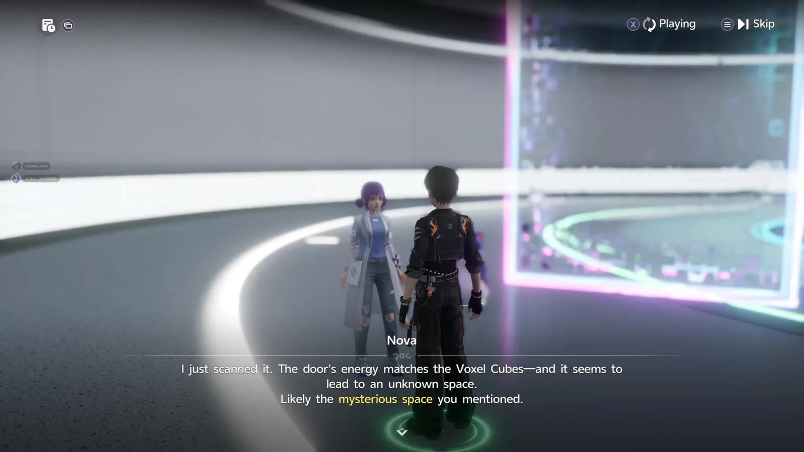 Aniimo Holo-Lab with a glitching pink digital door beside Nova: The door’s energy matches the Voxel Cubes and it seems to lead to an unknown space