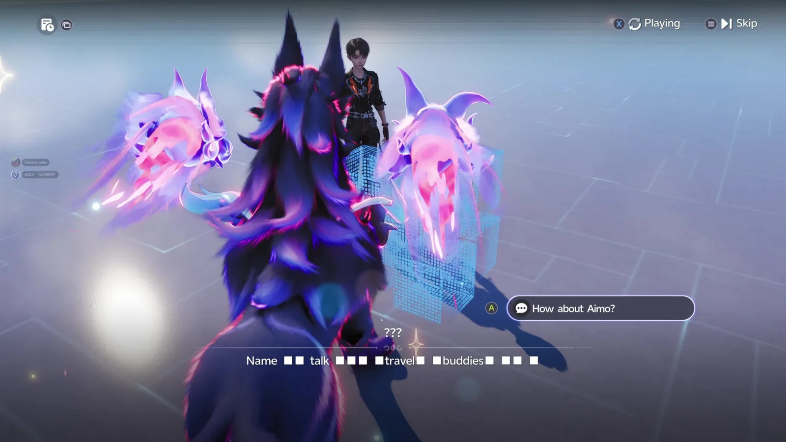 Aniimo Voxel Space after the boss fights, the Pathfinder and his dark wolf Aniimo facing the block entity, with the option How about Aimo?