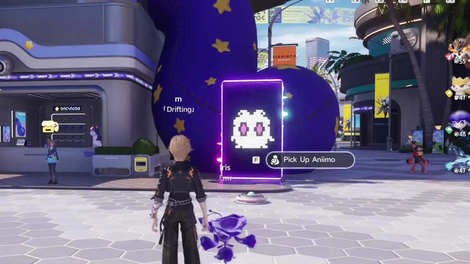 Aniimo glitched holographic sign in Astra showing a white pixel figure on a purple panel, beside a giant blue ball covered in yellow stars near the Starwish Gacha