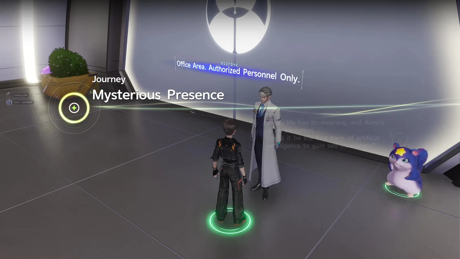 Aniimo Journey completion banner reading Mysterious Presence in the Polaris Institute office area, Oswen and WOLF’s Celestis beside the Pathfinder