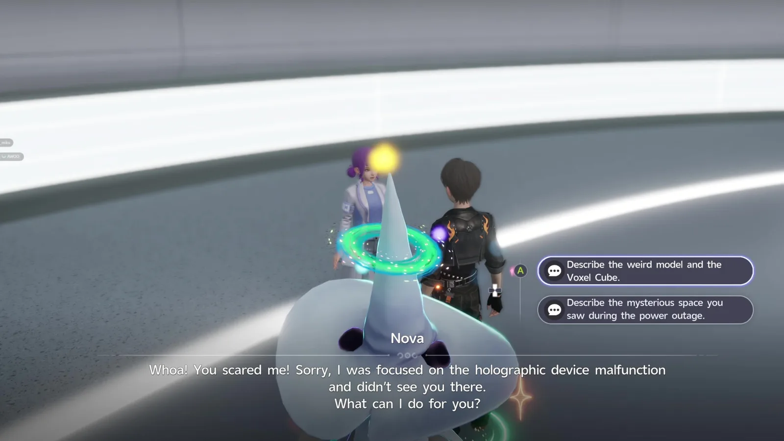 Aniimo Holo-Lab dialogue with Nova and two options, Describe the weird model and the Voxel Cube, and Describe the mysterious space you saw during the power outage