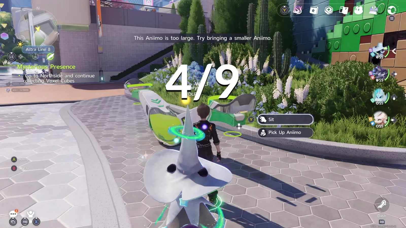 Aniimo green seesaw in Horizon Square with a Sit prompt and the warning This Aniimo is too large. Try bringing a smaller Aniimo, WOLF’s Stellarys in front