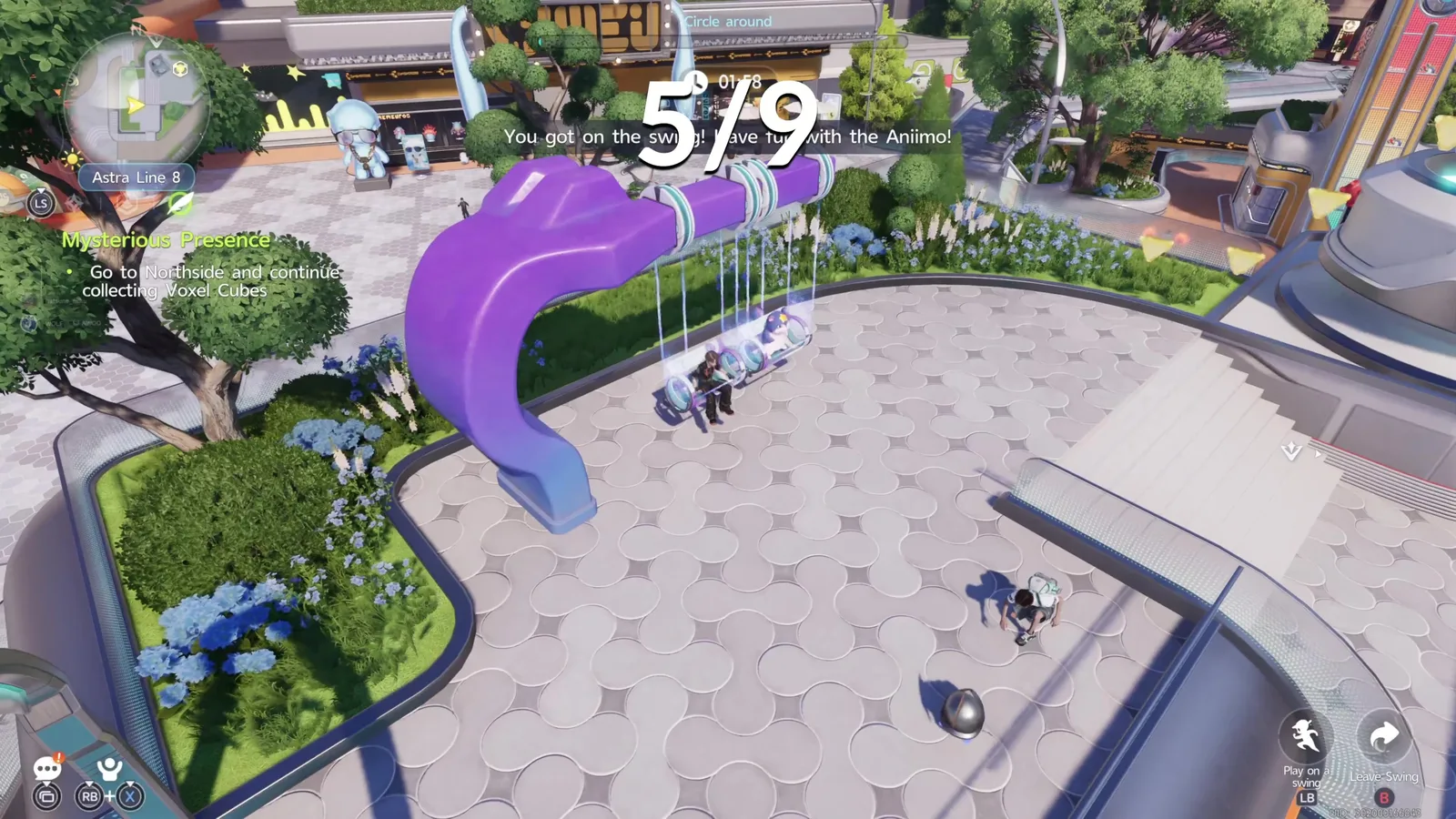 Aniimo giant purple swing on the Super Claw roof in Astra with the toast You got on the swing! Have fun with the Aniimo! and a Circle around gauge at the top