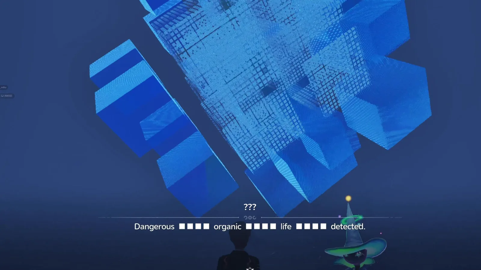 Aniimo dark digital space under a giant cluster of blue voxel cubes, the speaker ??? saying Dangerous organic life detected with words blacked out
