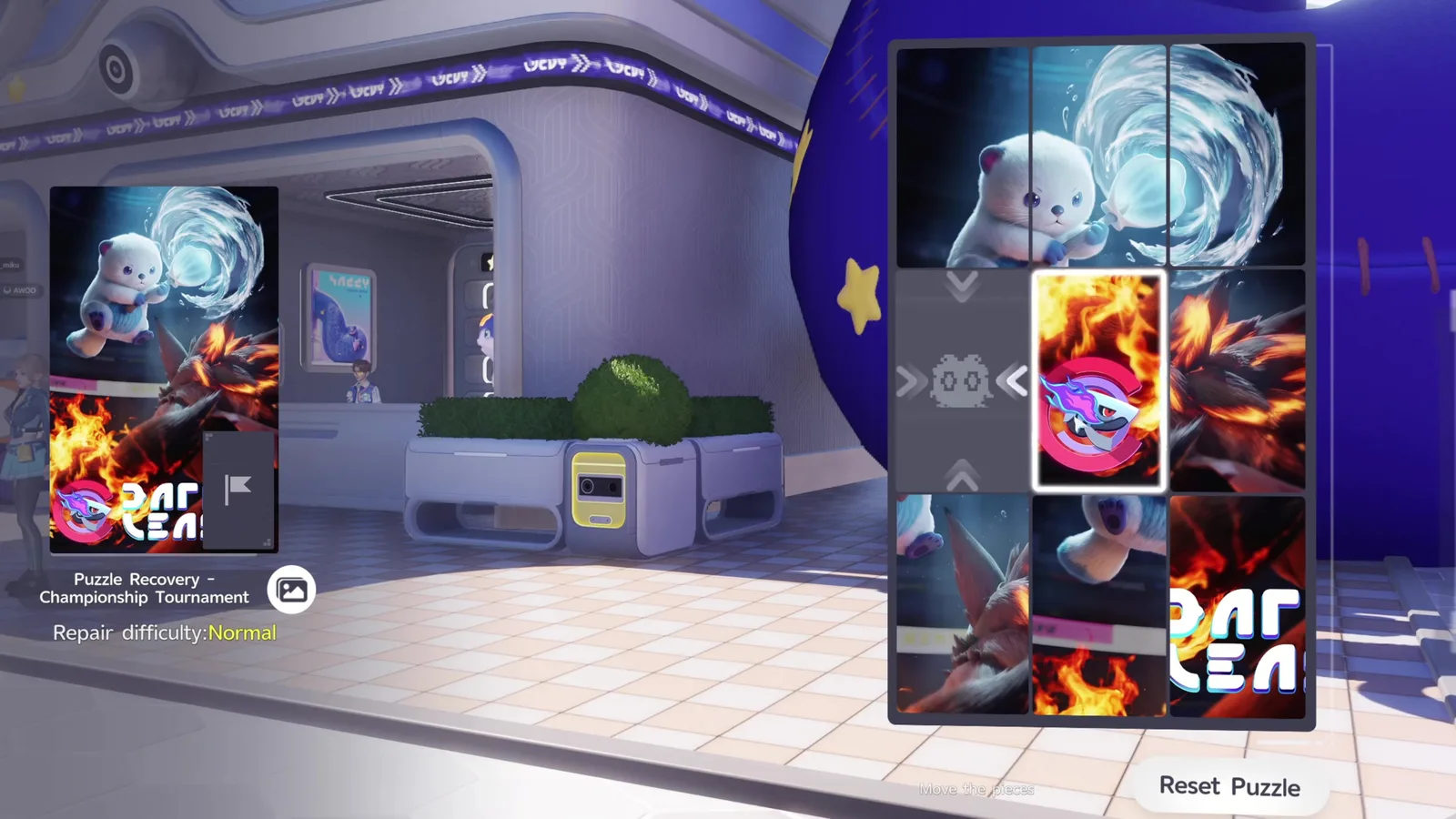 Aniimo sliding puzzle titled Puzzle Recovery - Championship Tournament, Repair difficulty Normal, the white pixel figure on a grey tile among Battle League poster pieces