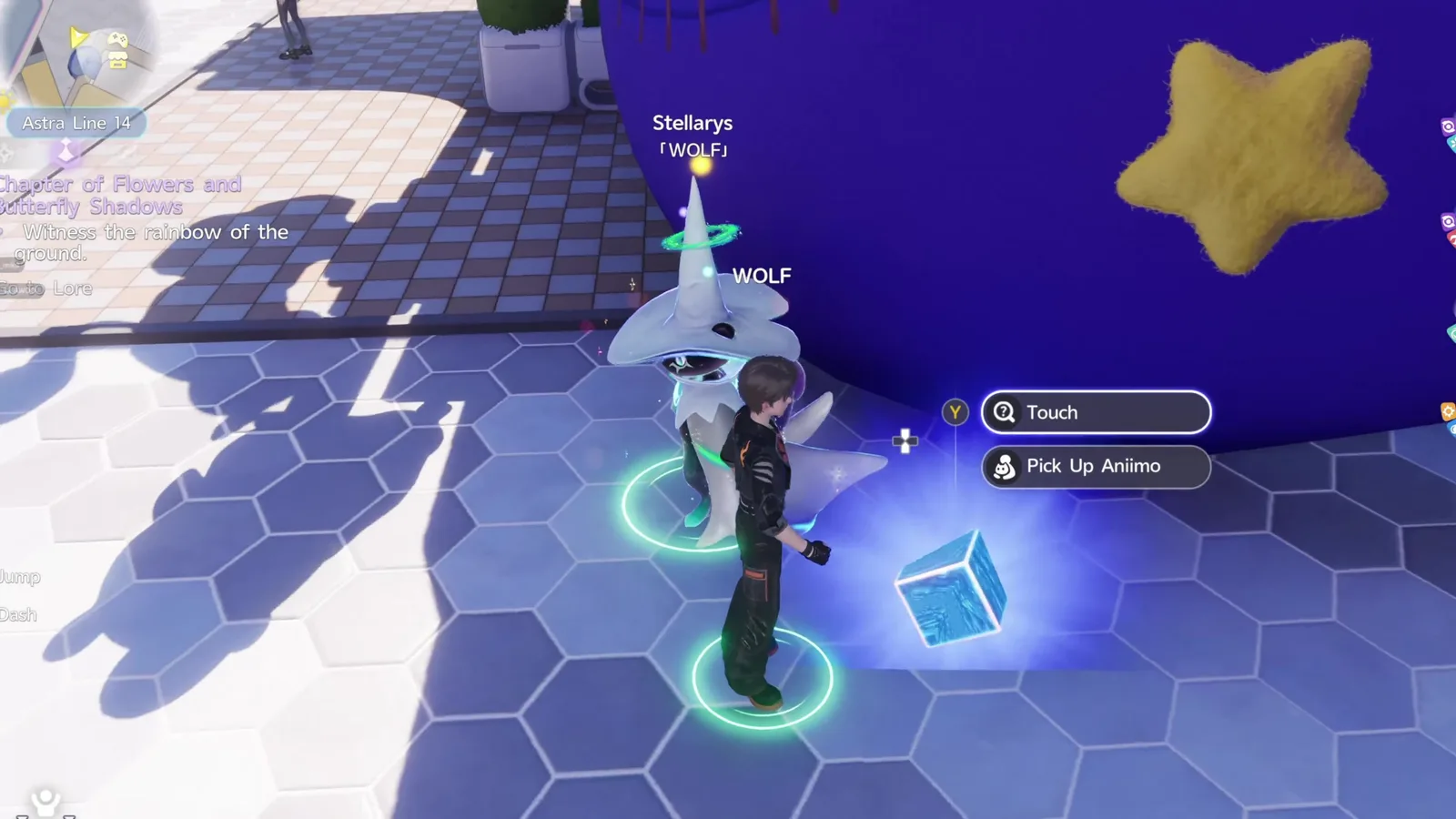Aniimo Voxel Cube glowing blue on the pavement in Astra with Touch and Pick Up Aniimo prompts, WOLF’s Stellarys standing beside the Pathfinder
