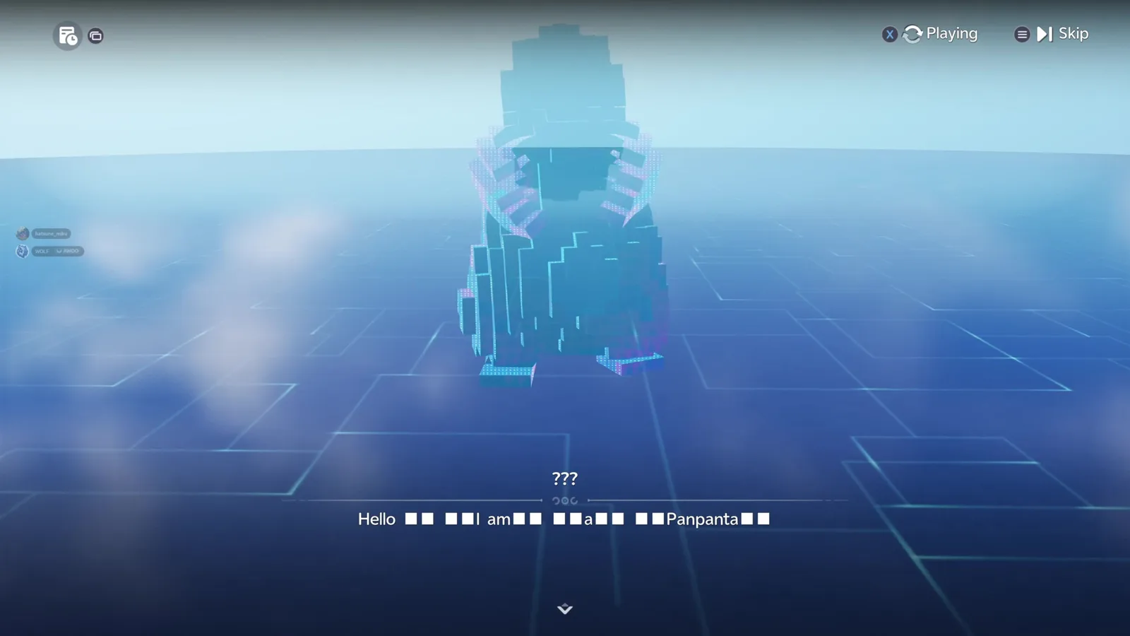Aniimo Voxel Space with a giant pale blue block Panpanta on a grid floor saying Hello, I am a Panpanta, with words blacked out