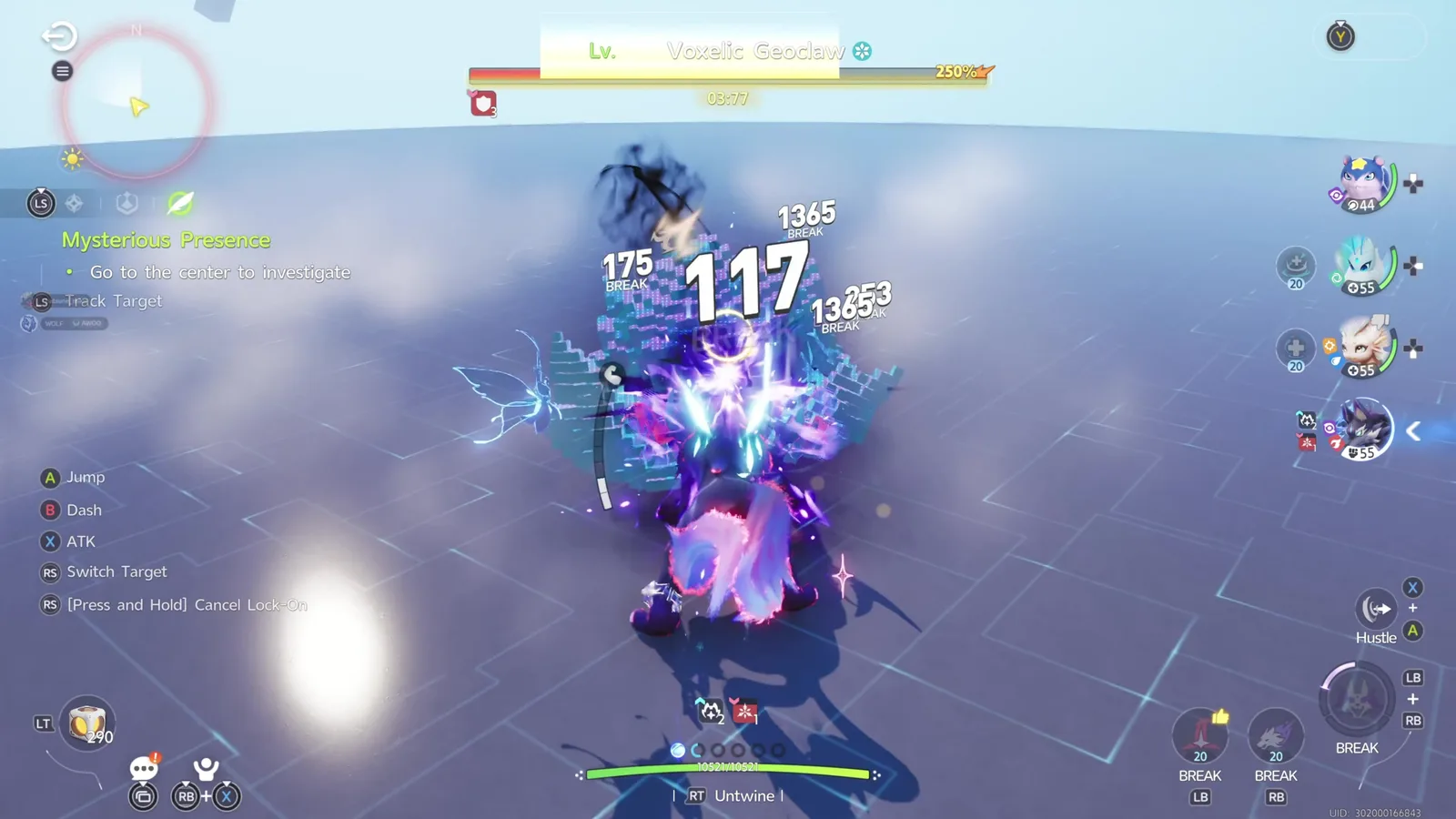 Aniimo boss fight with Voxelic Geoclaw, the BREAK gauge at 250 per cent and BREAK hits of 1365 landing on a pixel Geoclaw