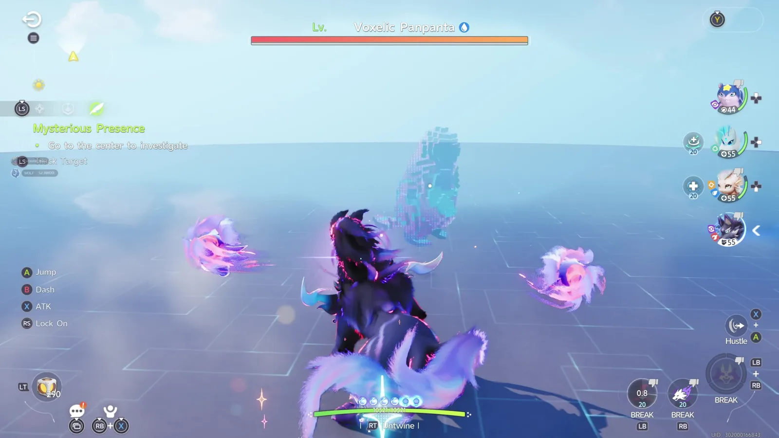 Aniimo boss fight against Voxelic Panpanta, a Water icon on the boss bar and the tracker reading Go to the center to investigate