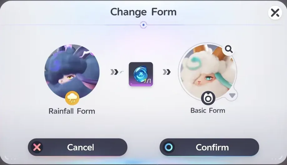 Aniimo Change Form window for Turbo, Rainfall Form on the left, the Morph Orb in the middle and Basic Form on the right, with Cancel and Confirm buttons