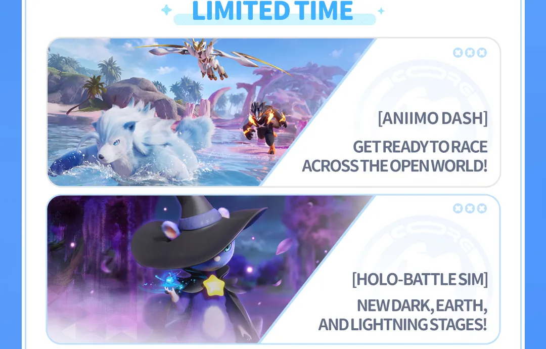 Aniimo Limited Time panel from the official preview: Aniimo Dash, get ready to race across the open world, and Holo-Battle Sim with new Dark, Earth and Lightning stages