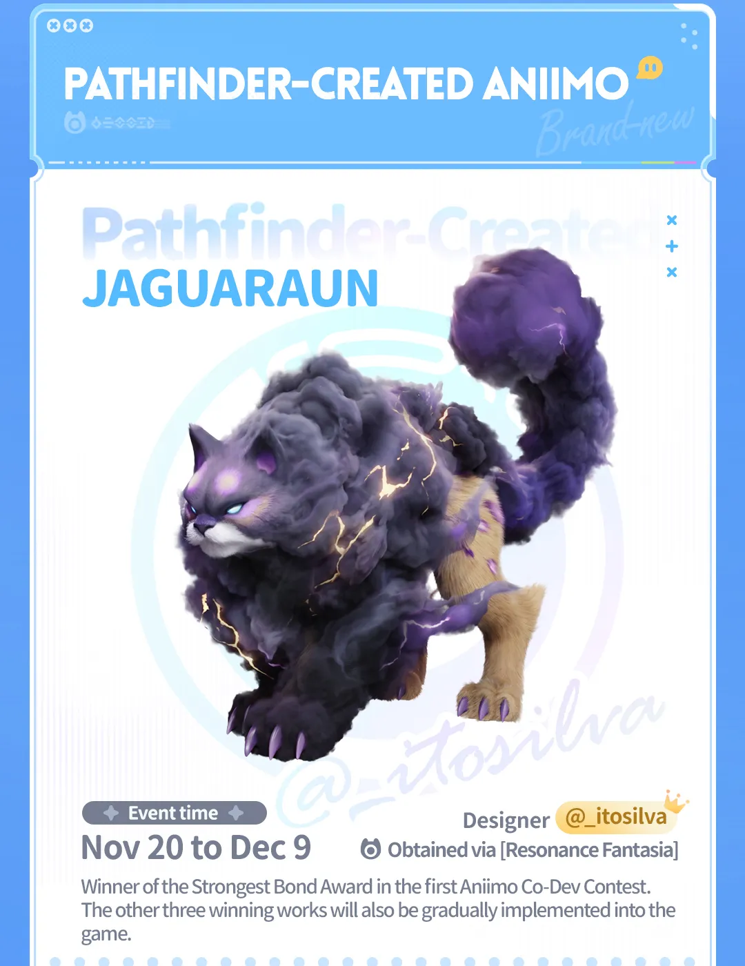 Aniimo Jaguaraun, a dark purple cat with lightning cracks in its fur, on the official Pathfinder-Created Aniimo panel by @_itosilva, Nov 20 to Dec 9
