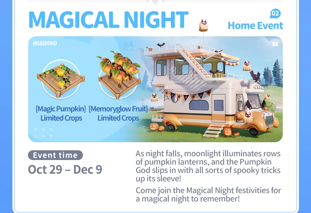 Aniimo Magical Night Home Event on the official preview, Magic Pumpkin and Memoryglow Fruit limited crops beside a camper decorated for Halloween, Oct 29 to Dec 9
