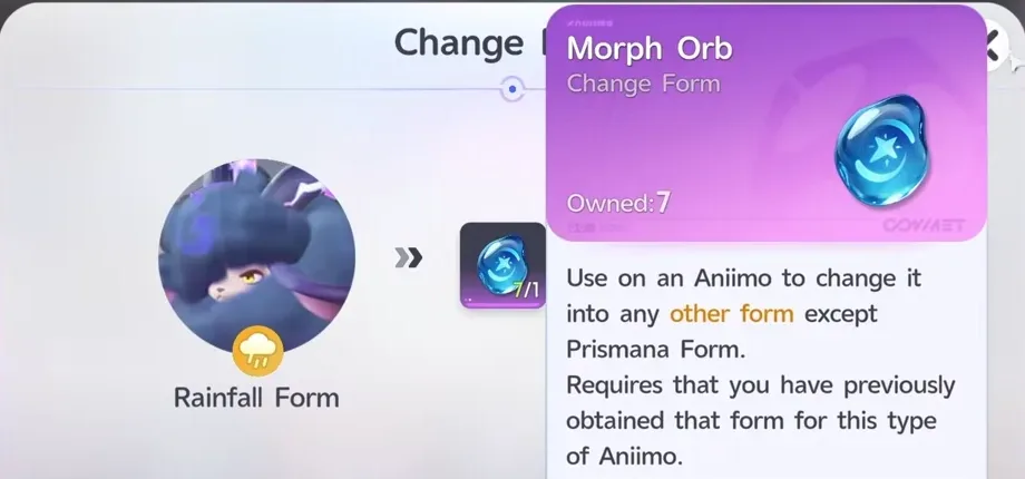 Aniimo Change Form window for Turbo with the Morph Orb tooltip open, explaining that it changes an Aniimo into any form you have obtained except Prismana Form