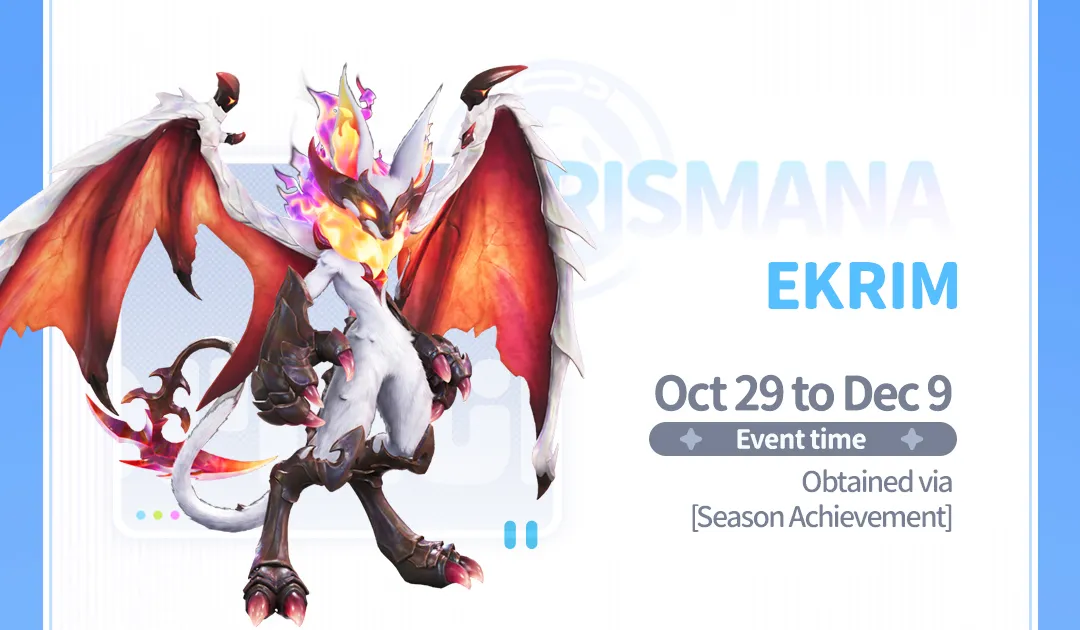 Aniimo Prismana Ekrim, a white dragon with red bat wings and a flaming crest, on the official panel: Oct 29 to Dec 9, obtained via Season Achievement
