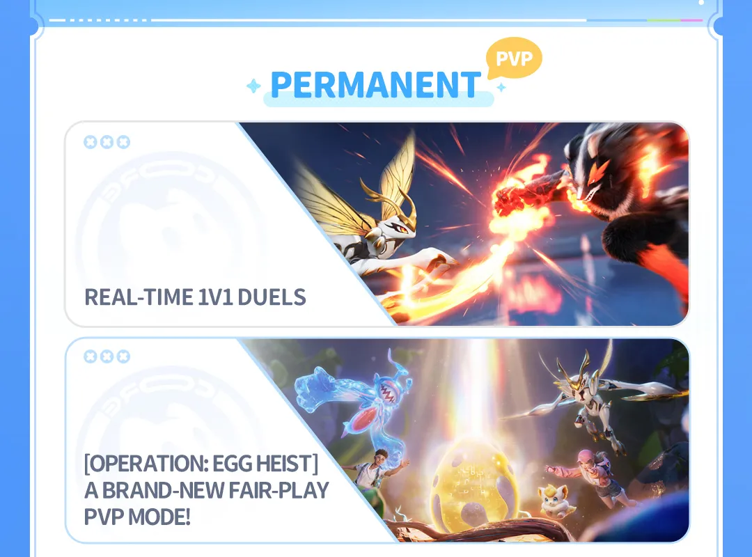 Aniimo New Features panel from the official preview: Permanent PvP with Real-Time 1v1 Duels and Operation: Egg Heist, a brand-new fair-play PvP mode