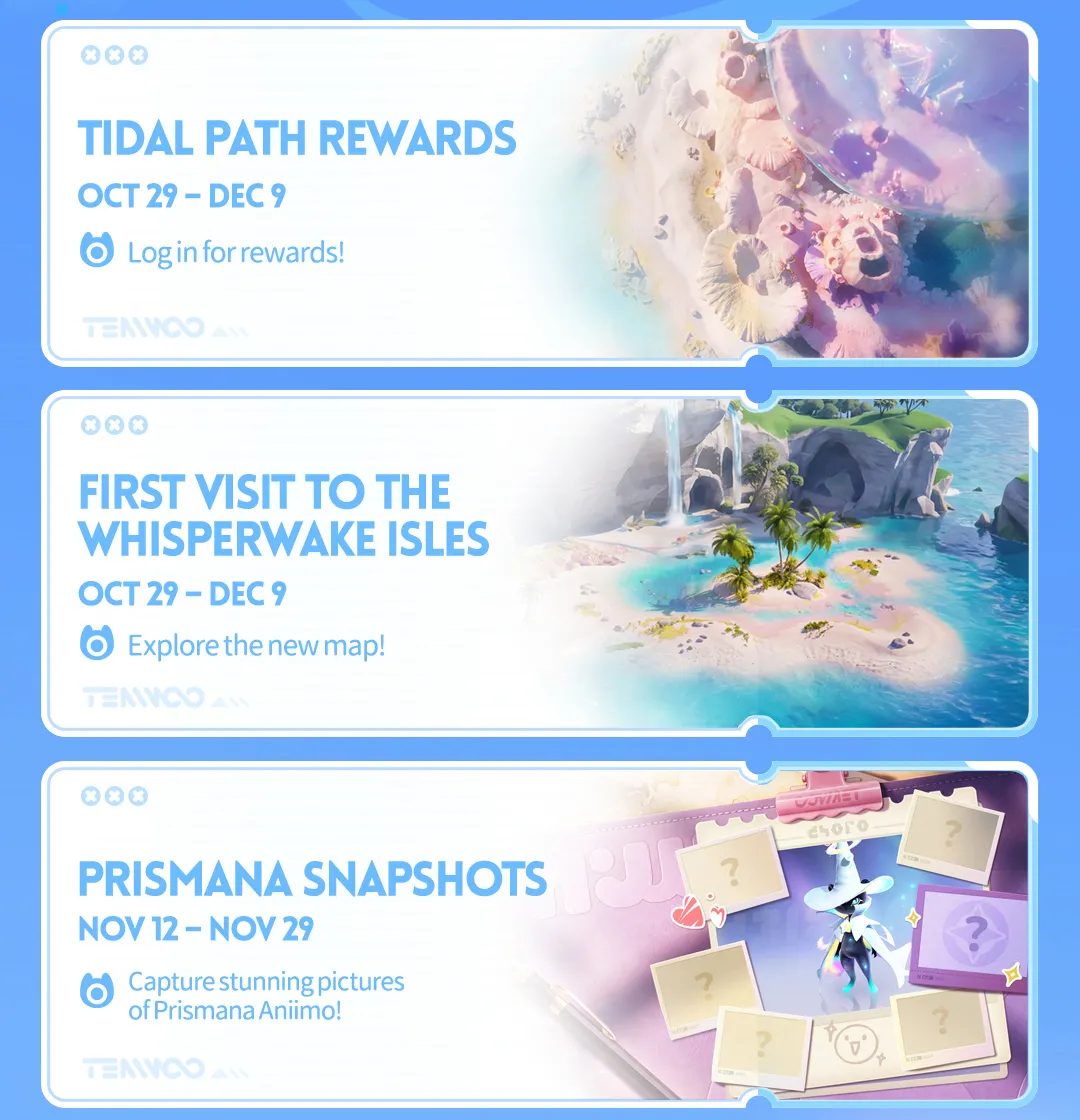Aniimo Limited-Time Events panel from the official preview: Tidal Path Rewards and First Visit to the Whisperwake Isles, Oct 29 to Dec 9, and Prismana Snapshots, Nov 12 to Nov 29