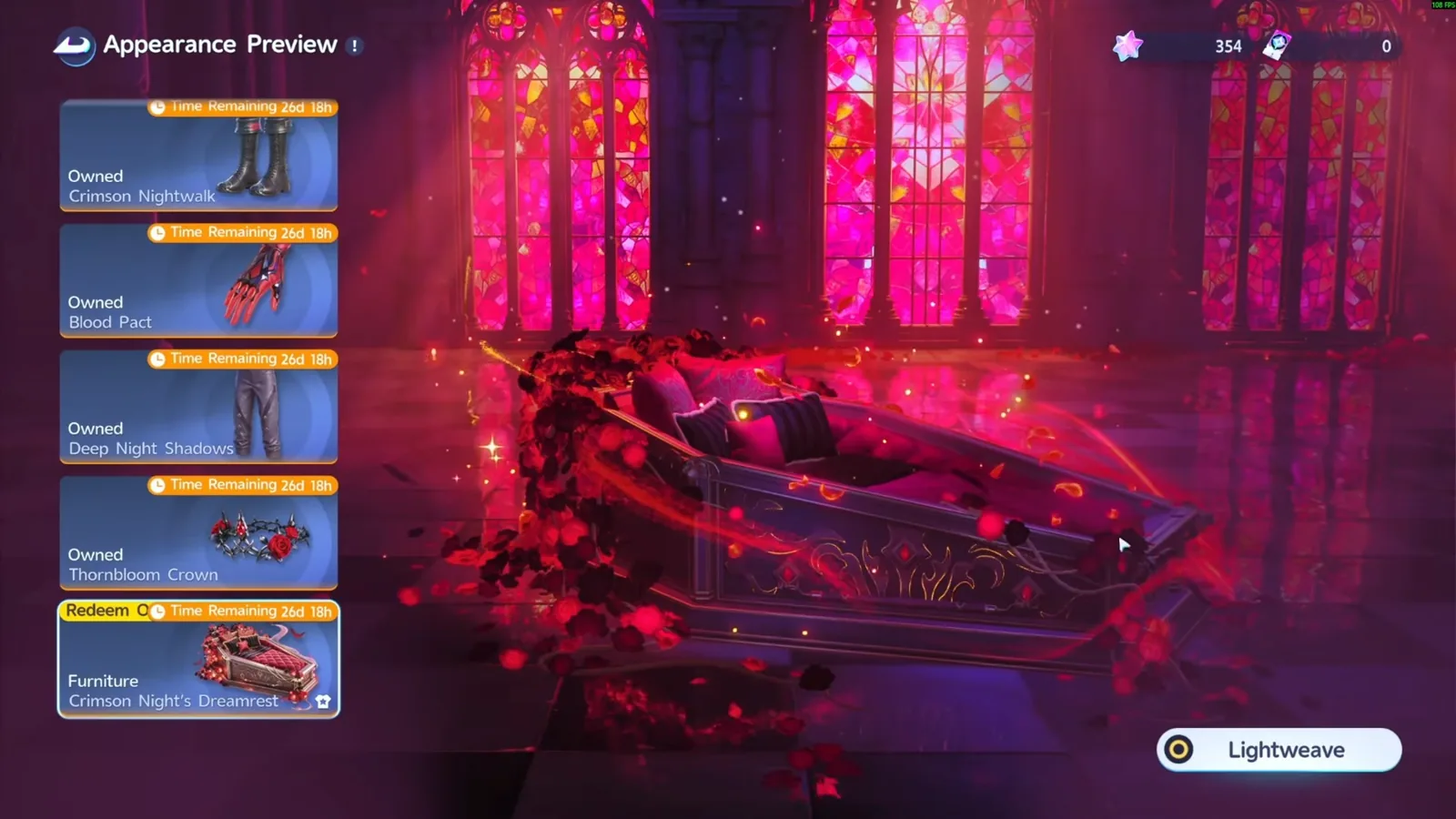 Aniimo Appearance Preview of Crimson Night’s Dreamrest, an ornate coffin bed full of red roses and cushions, with Crimson Nightwalk, Blood Pact and Thornbloom Crown owned