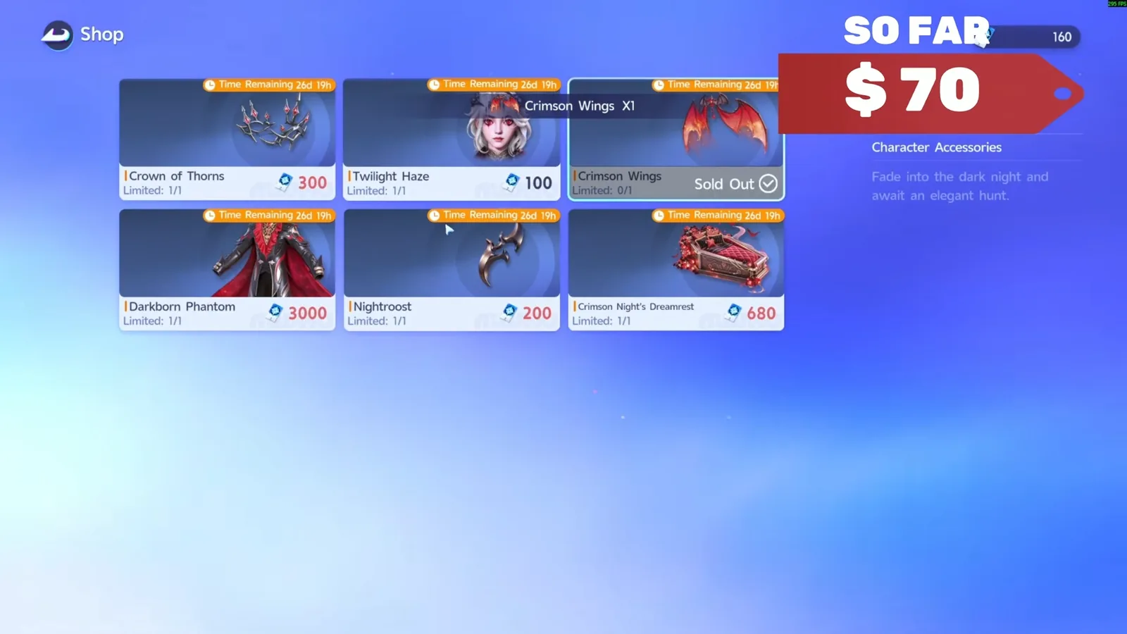 Aniimo exchange shop after buying Crimson Wings X1, the wings marked Sold Out, 160 fragments left, under ZakWylder’s So Far $70 overlay