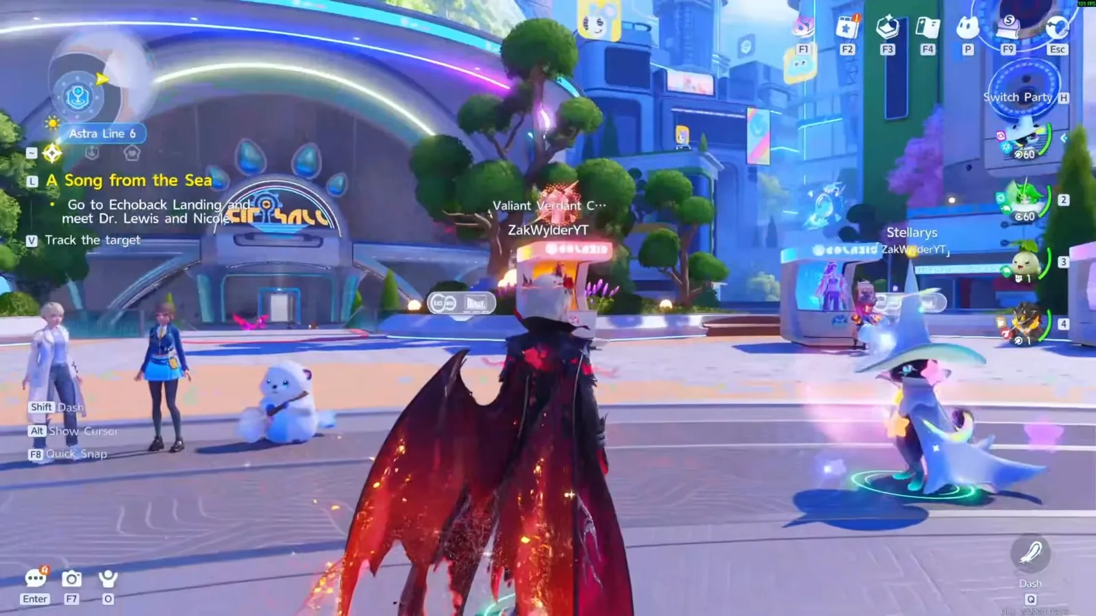 Aniimo Darkborn Phantom seen from behind in town, the Crimson Wings folded down the back with glowing orange embers, his Stellarys standing to the right