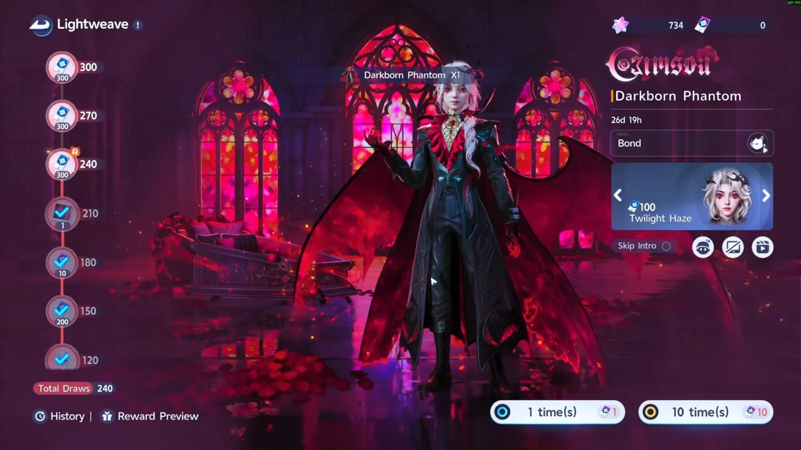 Aniimo Lightweave screen with the Darkborn Phantom X1 notice over the vampire outfit, Total Draws 240, milestones to 210 claimed, 0 tickets left