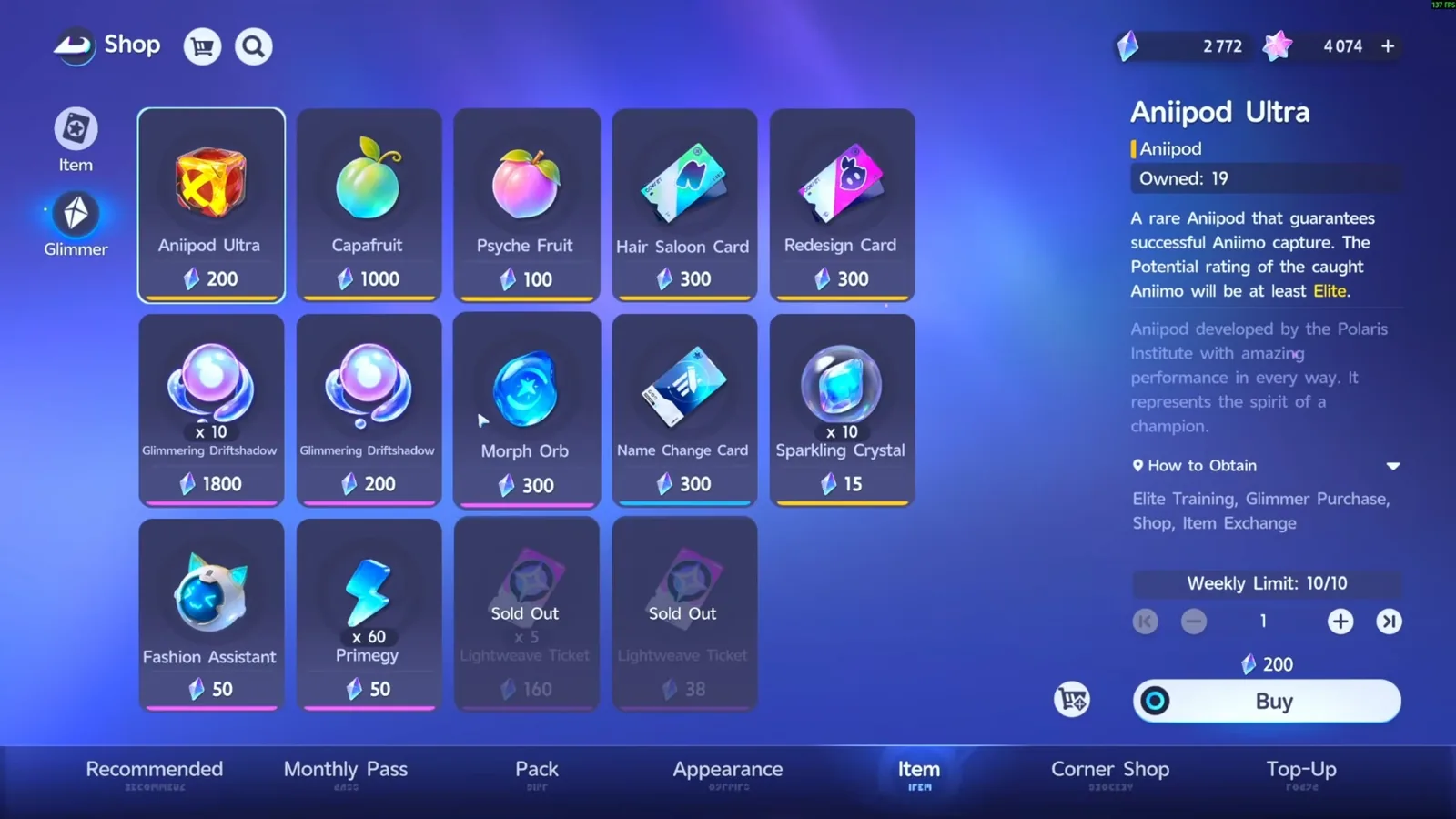 Aniimo Shop Glimmer tab: Aniipod Ultra 200, Capafruit 1000, Fashion Assistant 50, and two Lightweave Ticket offers, 5 for 160 and 1 for 38 Glimmer, both sold out