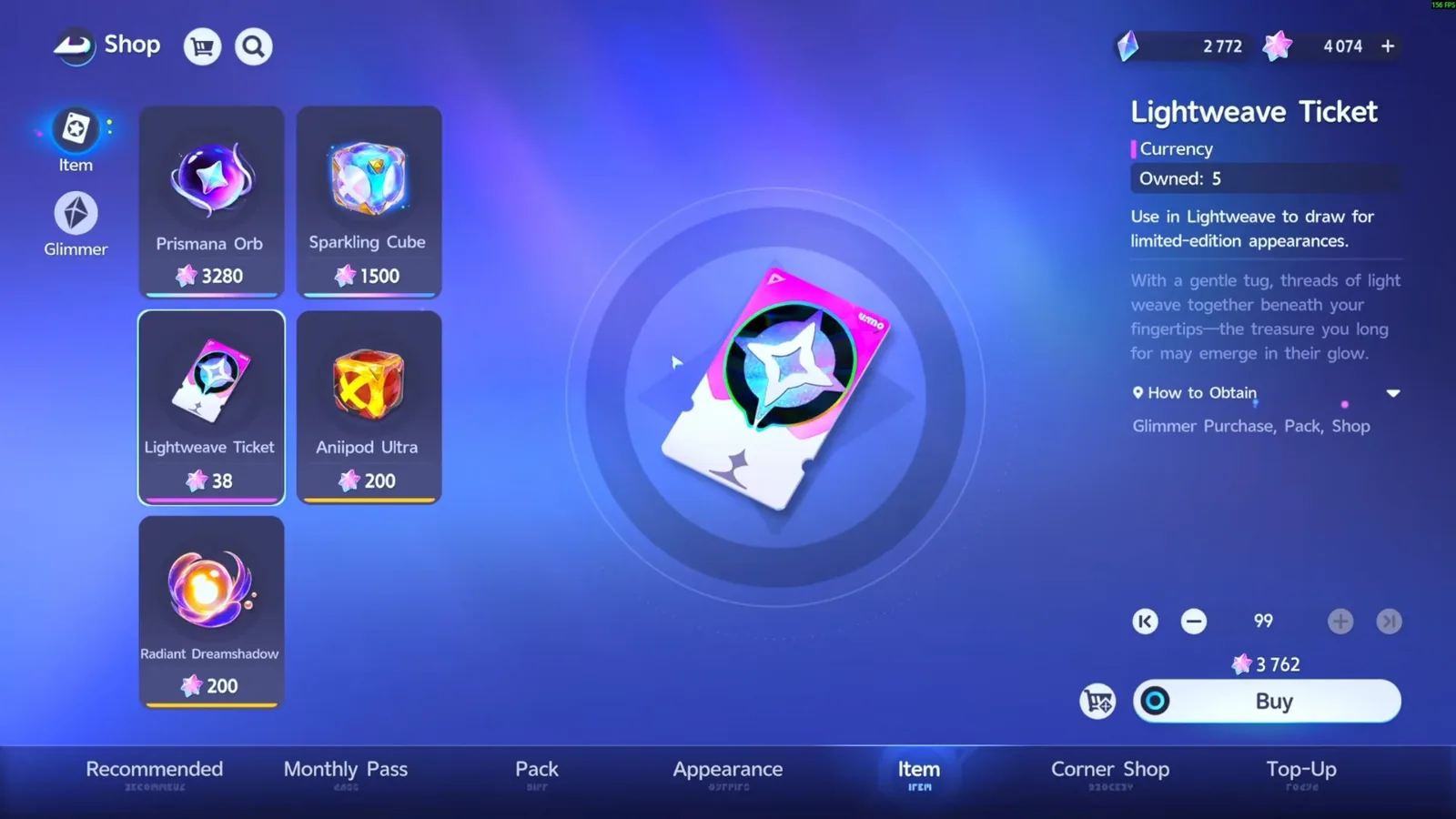 Aniimo Shop Item tab with the Lightweave Ticket selected at 38 Lumin Crystals each, quantity 99 for 3,762, Owned 5, and Glimmer Purchase, Pack, Shop as sources