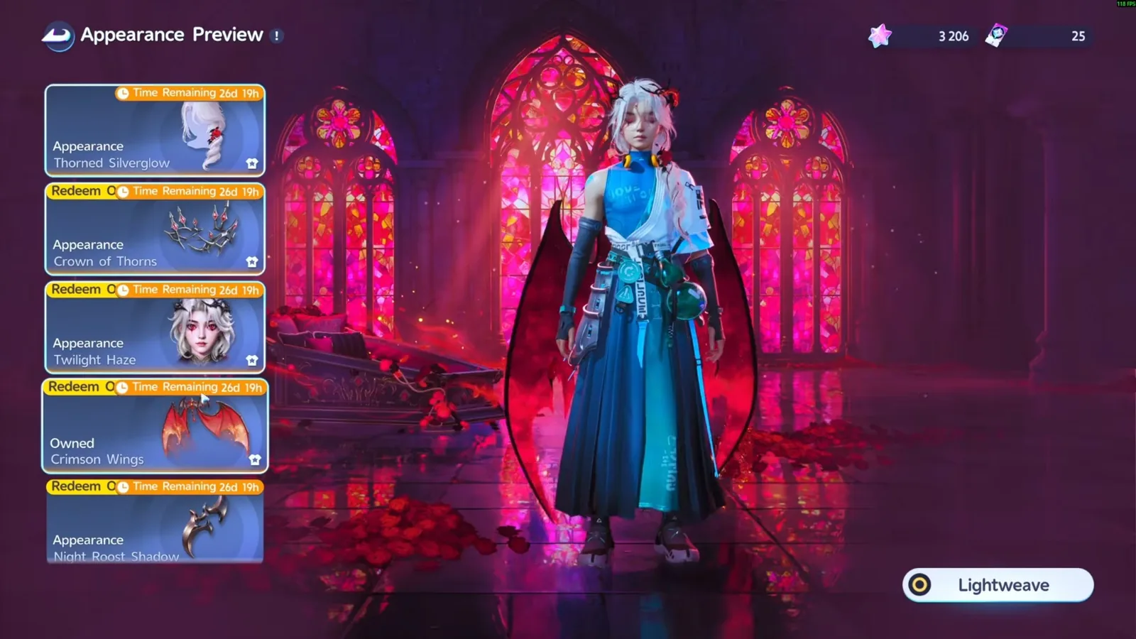 Aniimo Lightweave Appearance Preview: Thorned Silverglow, Crown of Thorns, Twilight Haze, owned Crimson Wings and Night Roost Shadow, the wings worn over a blue outfit