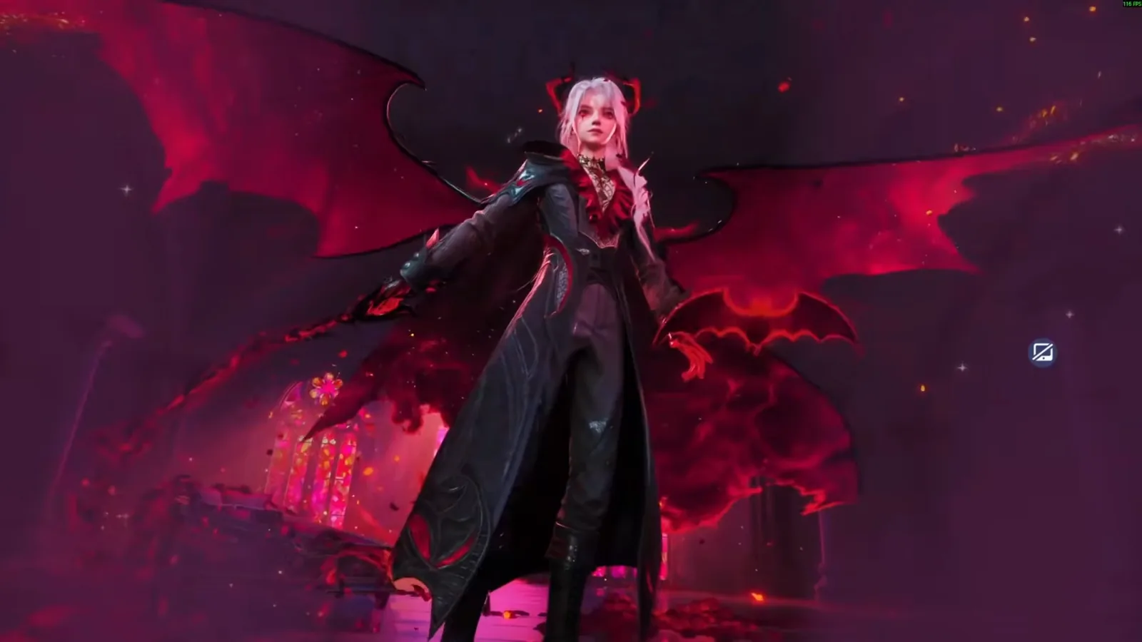 Aniimo Nightborn Allure intro: a white-haired vampire in the long black Darkborn Phantom coat, red ruffled collar and clawed red gloves, under huge crimson bat wings