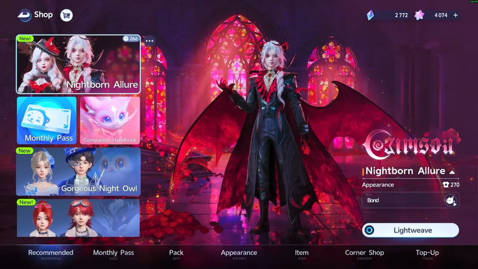 Aniimo Shop Recommended tab with the Nightborn Allure card first, the Crimson logo, Appearance label and a Lightweave button, beside Monthly Pass and Gorgeous Night Owl