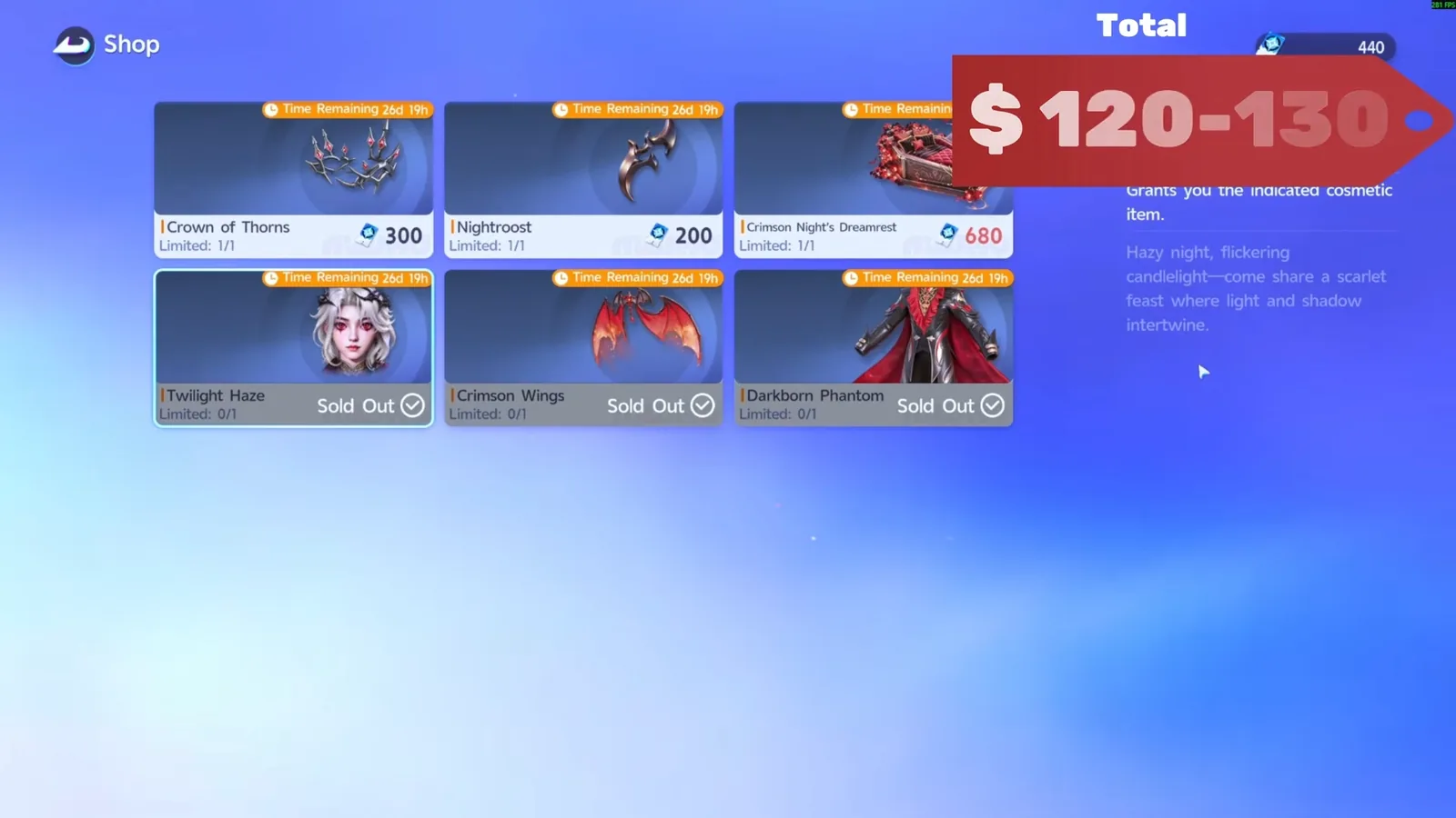 Aniimo exchange shop with Twilight Haze, Crimson Wings and Darkborn Phantom sold out, 440 fragments left, under ZakWylder’s Total $120-130 overlay
