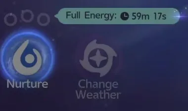 The Aniimo Branch footer showing three charge pips, a Full Energy timer reading 59 minutes 17 seconds, and the Nurture and Change Weather buttons