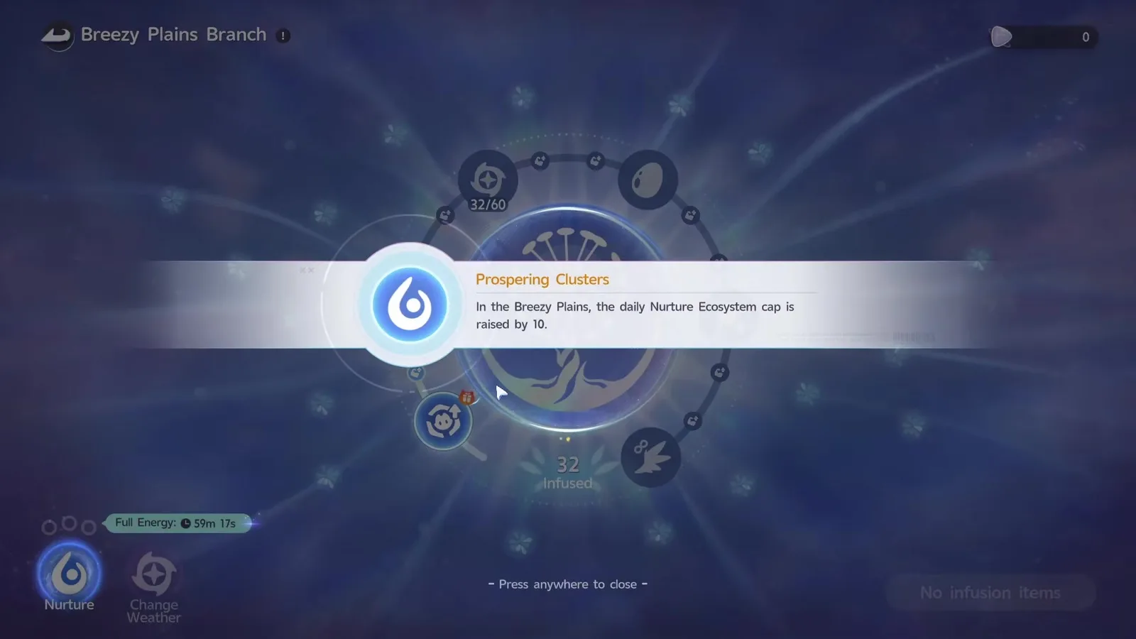 The Breezy Plains Branch in Aniimo with the Prospering Clusters tooltip open, reading In the Breezy Plains the daily Nurture Ecosystem cap is raised by 10, above a ring showing 32 Lumin Amber infused