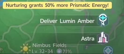 The Aniimo world map with a yellow banner reading Nurturing grants 50% more Prismatic Energy above a Deliver Lumin Amber marker and the Nimbus Fields region at 71% collection