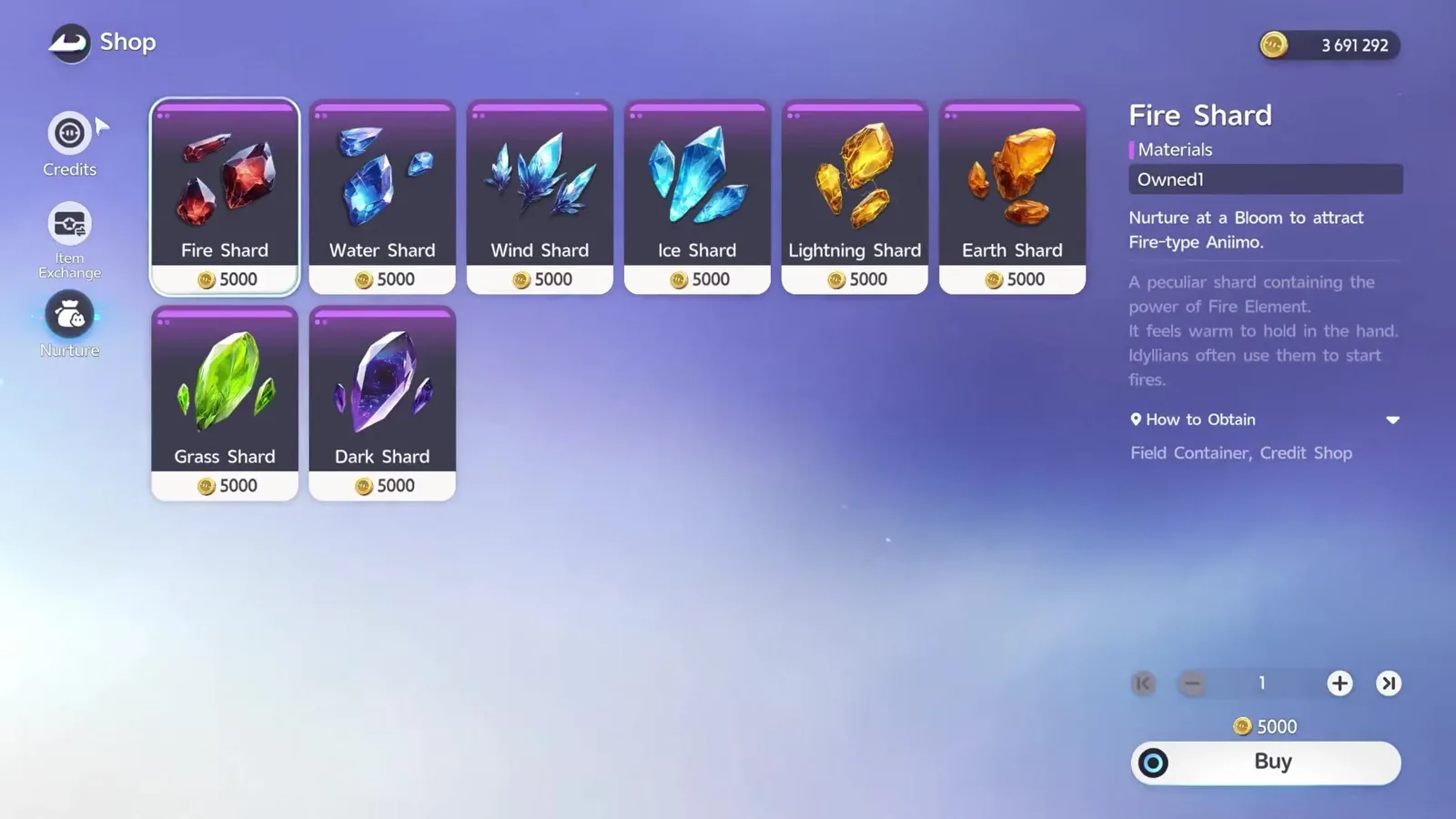 The Nurture tab of the Aniimo Credit Shop with Fire, Water, Wind, Ice, Lightning, Earth, Grass and Dark Shards at 5000 Credits each, and the Fire Shard card reading Nurture at a Bloom to attract Fire-type Aniimo
