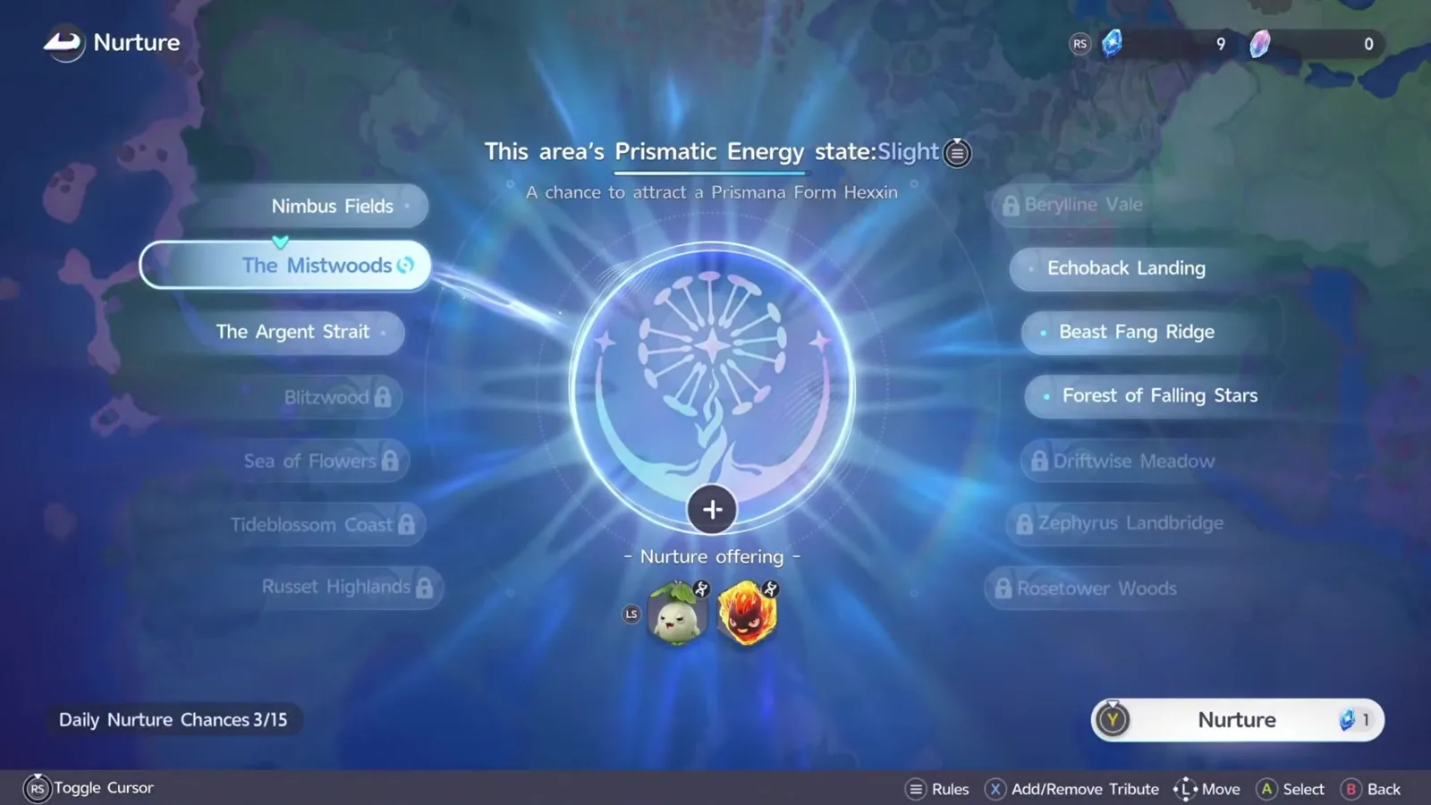 The Aniimo Nurture screen showing This area’s Prismatic Energy state Slight, a chance to attract a Prismana Form Hexxin, the fourteen region list with seven locked, and Daily Nurture Chances 3 of 15