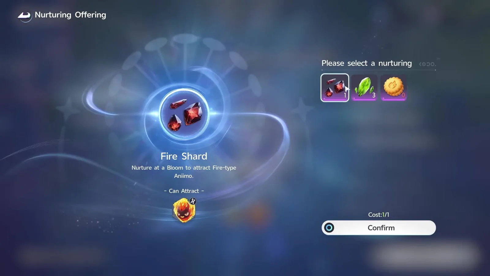 The Aniimo Nurturing Offering screen with a Fire Shard selected, a Can Attract row showing one fire family, and Cost 1 of 1 above the Confirm button